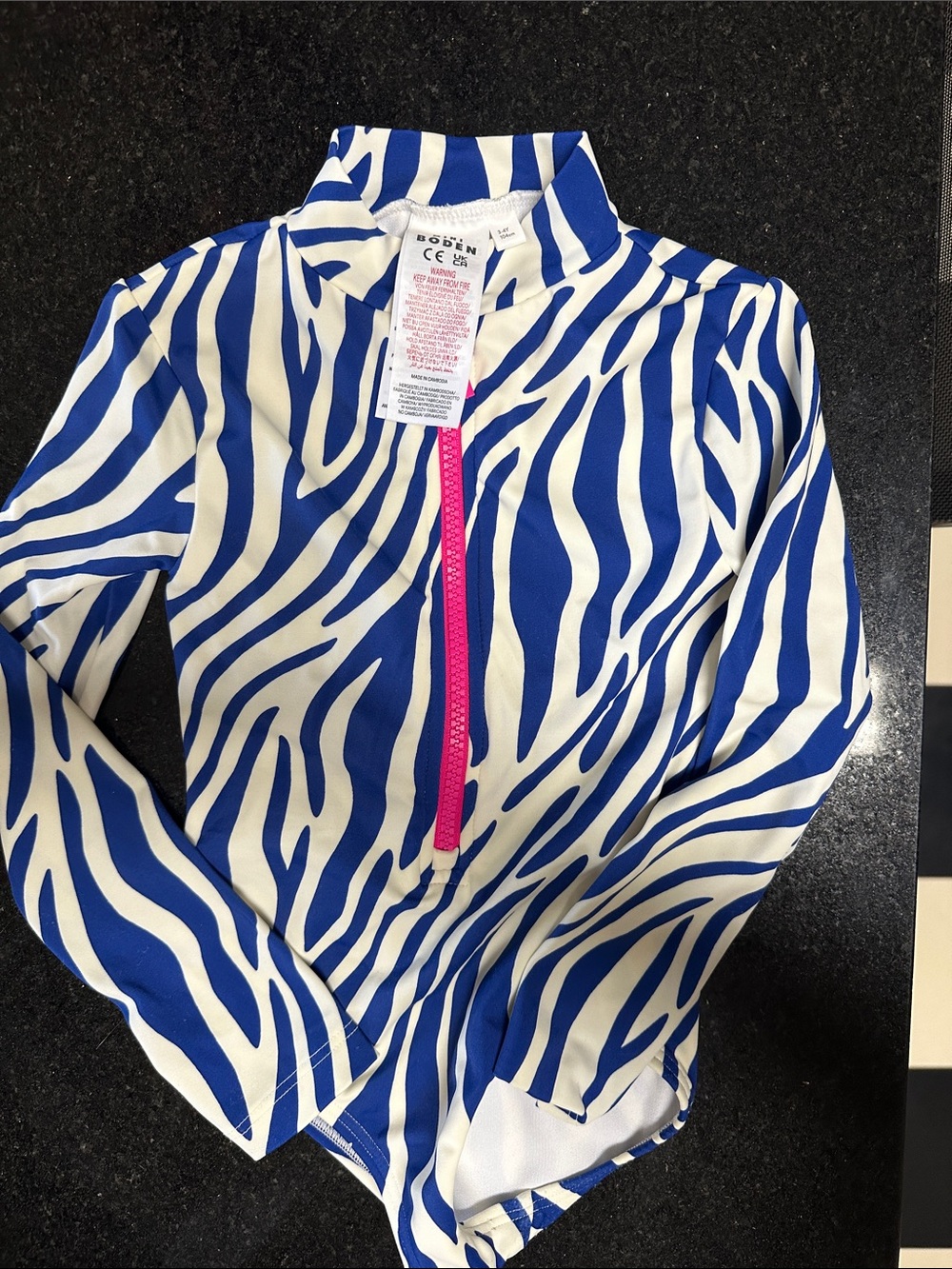 Boden Blue & White Zebra-Stripe Rash Guard with Pink Zip
